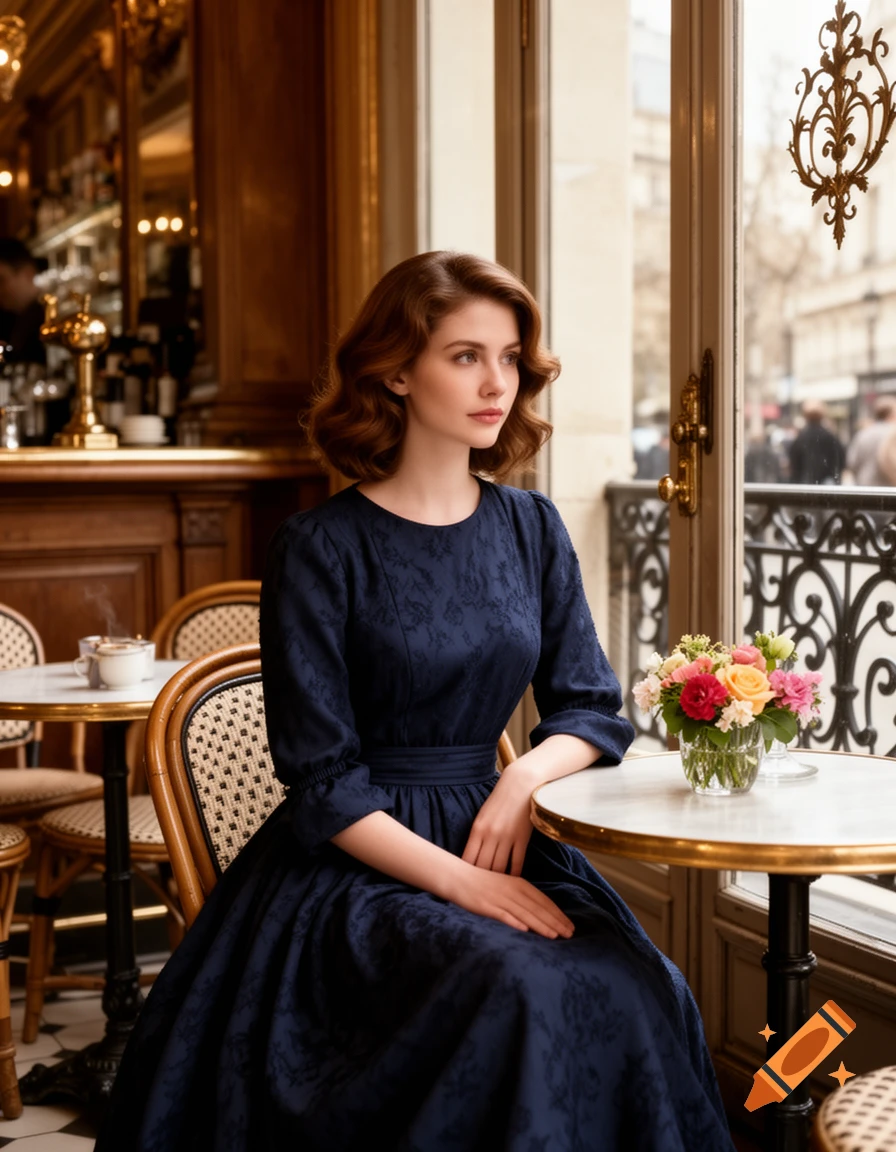 An elegant woman in a dark blue dress sits by a window in a classic French cafe, looking thoughtfully outside.