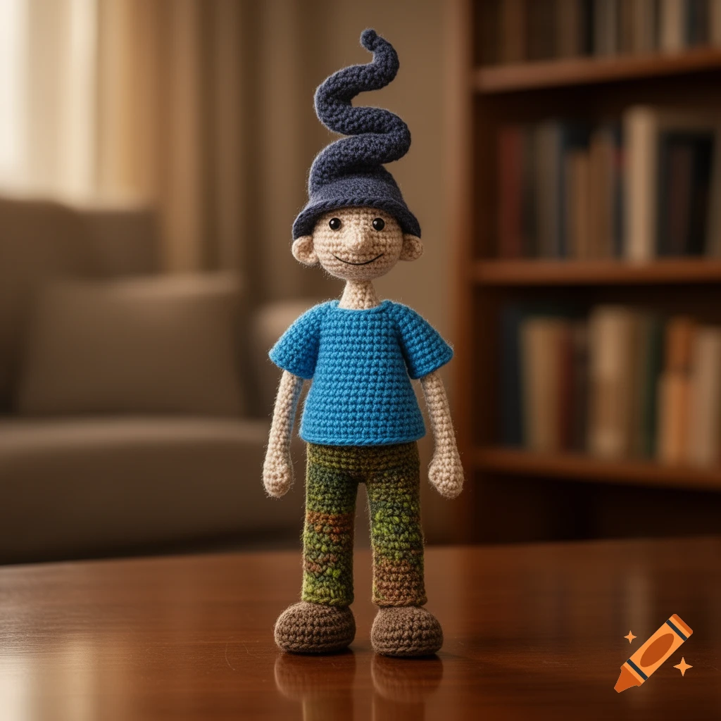 A crocheted doll with a blue shirt, patterned green and brown pants, and a tall, coiled blue hat stands on a wooden table.