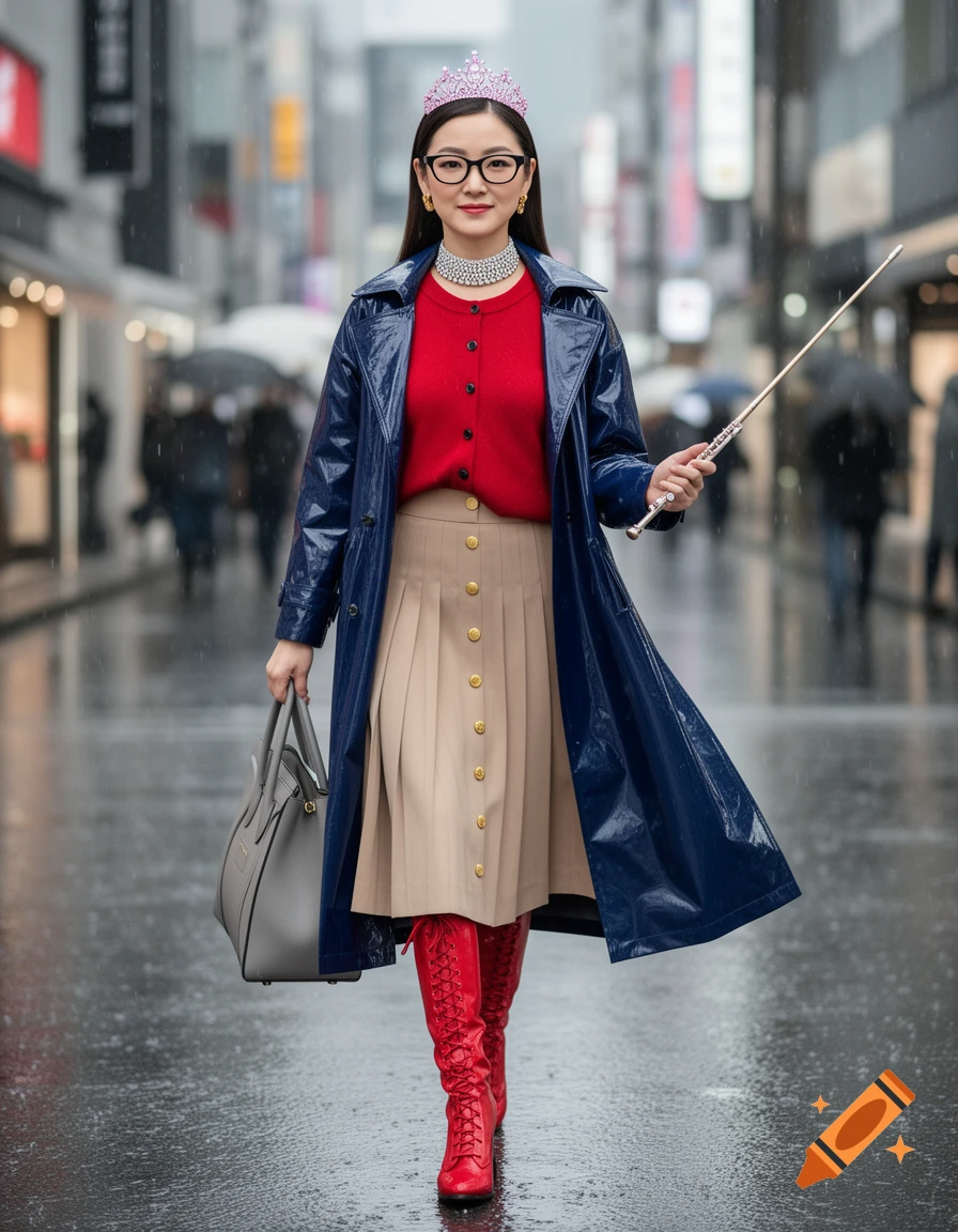 A Japanese lady in a blue trench coat, red cardigan, beige skirt, red lace-up boots, and a pink tiara walks in a rainy Tokyo street, holding a gray bag and a silver stick.
