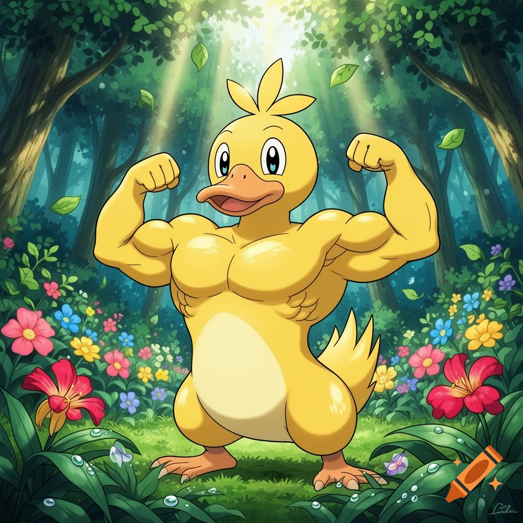 A muscular, buff yellow Psyduck Pokemon flexing its biceps in a vibrant forest with colorful flowers.