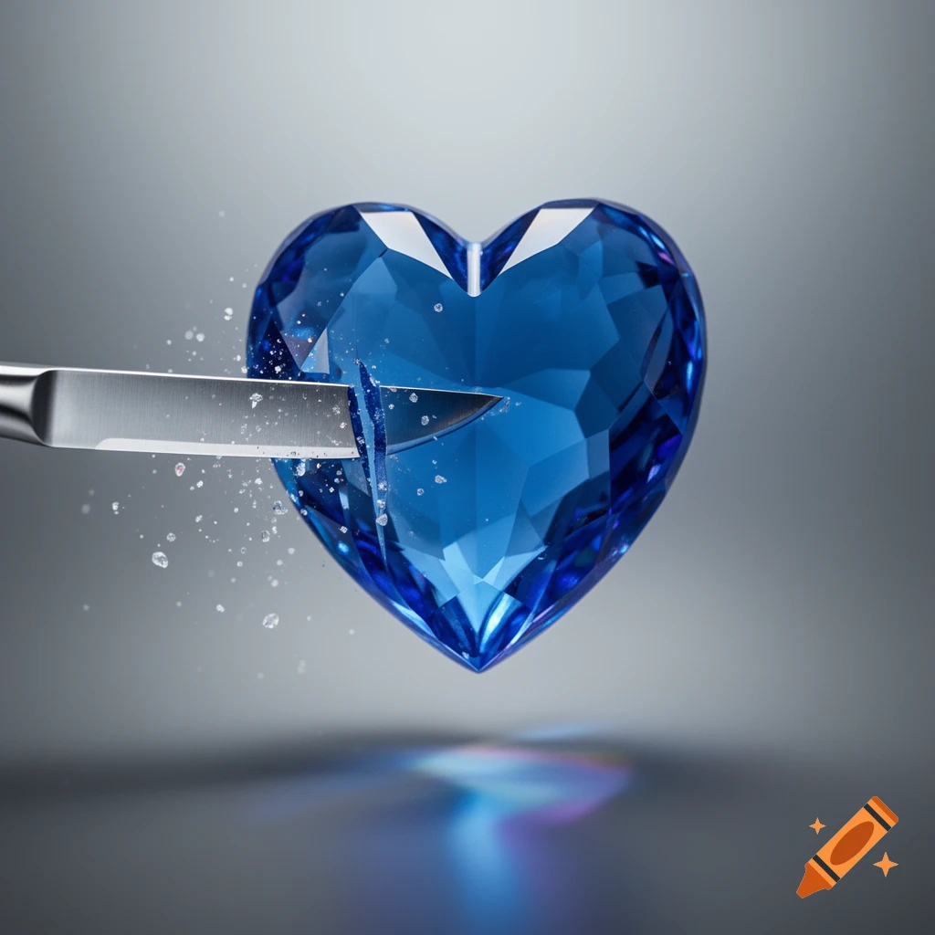 A photorealistic image of a blue faceted heart being cut by a silver knife, with crystal fragments scattering.