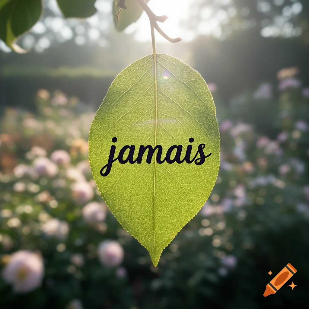 A close-up, backlit view of a vibrant green leaf with the word "jamais" in black script, against a soft, blurry garden background.