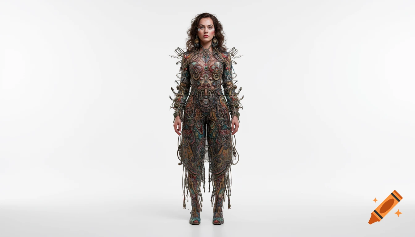 A woman in a highly detailed, colorful, surrealistic full-body outfit, standing against a white background.