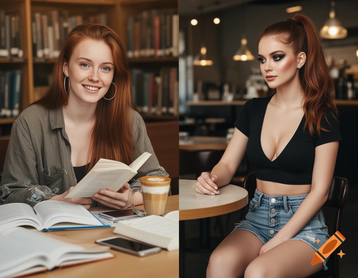 Split-screen portrait of a young woman with long red hair, once in a library studying, once in a cafe with a confident pose.