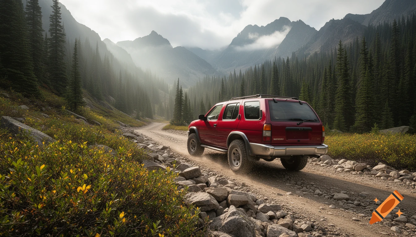 A red Nissan Pathfinder SUV drives on a rocky dirt road through a misty mountain forest with tall pine trees.