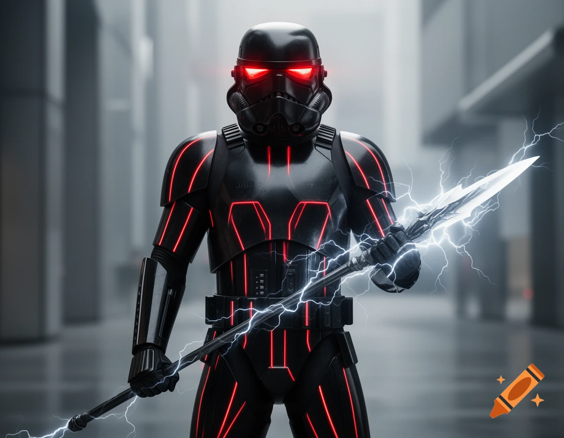 A black armored stormtrooper-like figure with red glowing lines and eyes holds a lightning-charged spear in a futuristic setting.