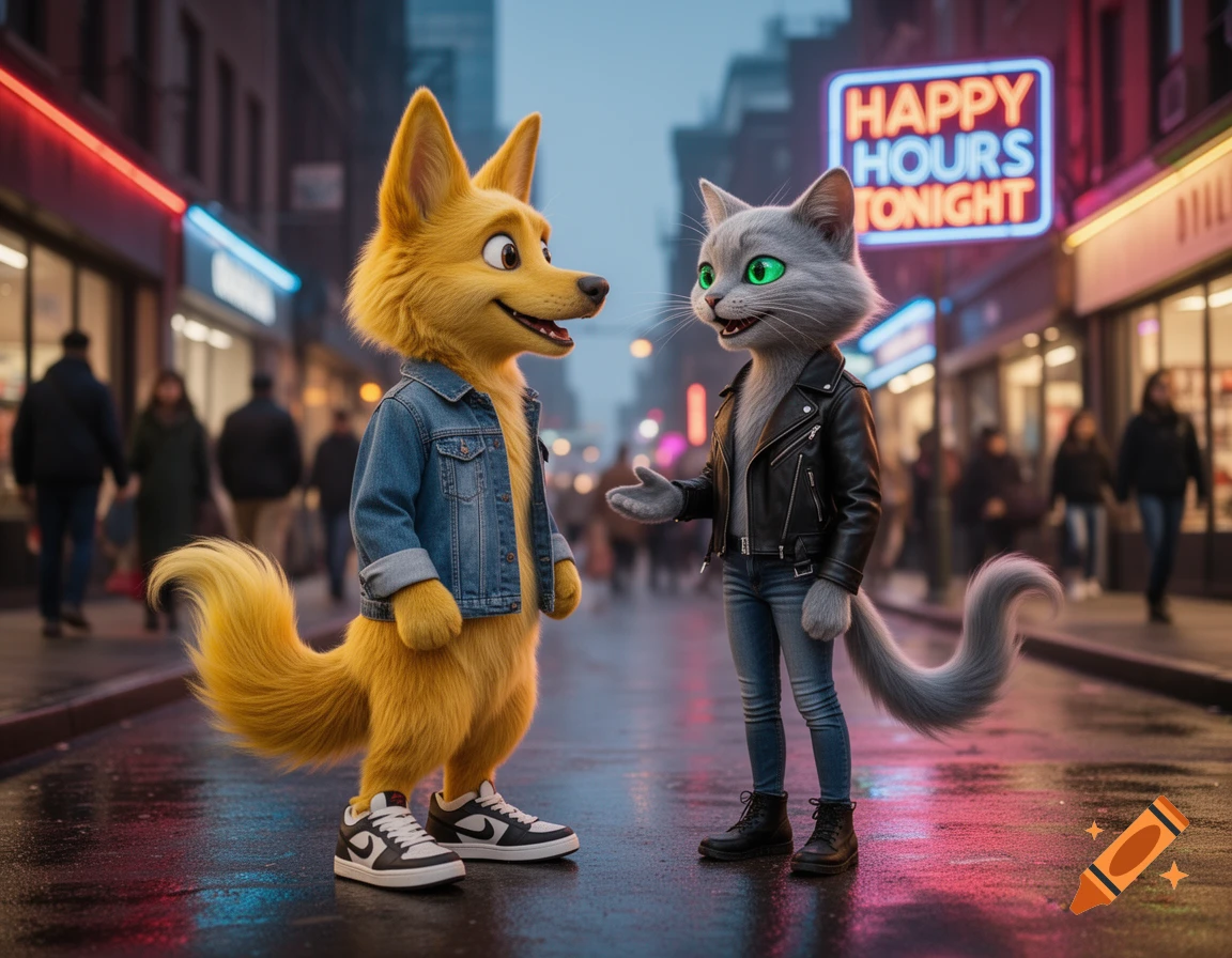 A fox in a denim jacket and a cat in a leather jacket chat on a rainy city street at night, with a neon 'Happy Hours Tonight' sign.