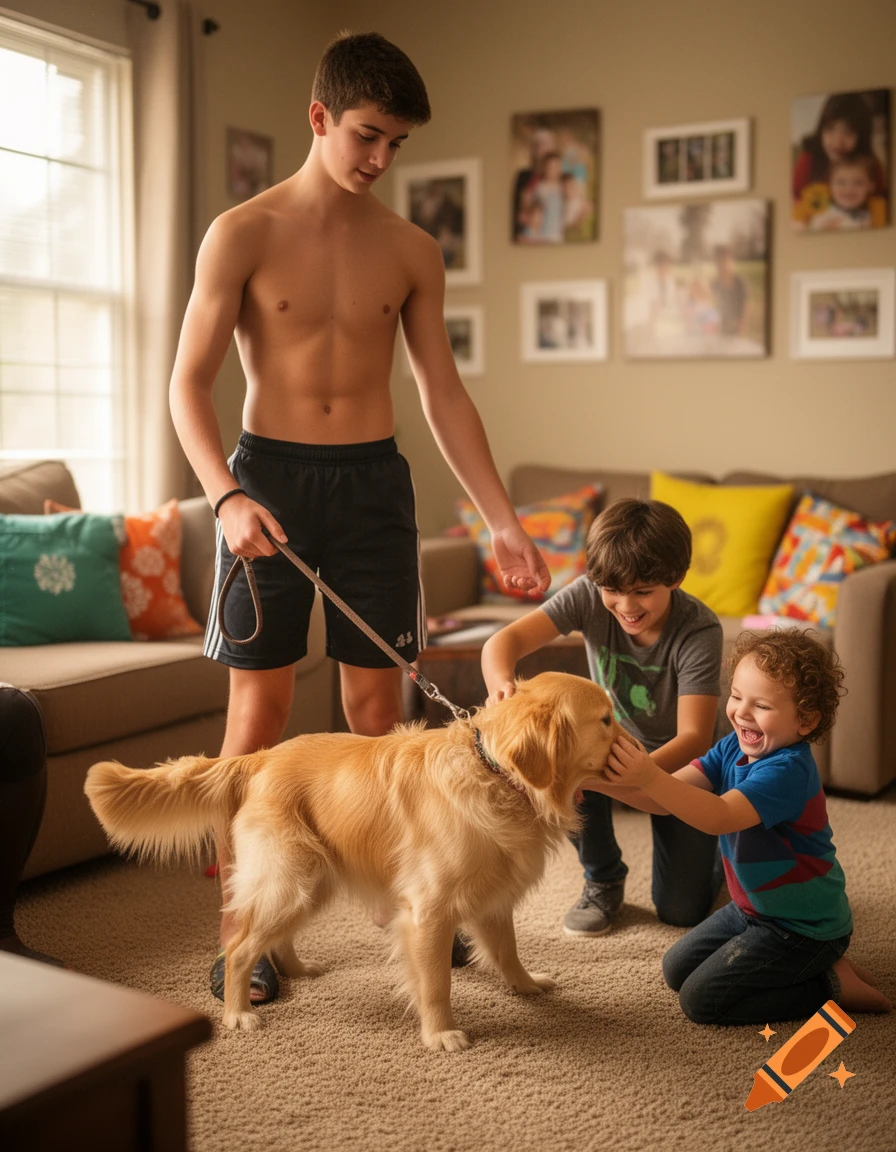 Shirtless teen holds a golden retriever's leash as two younger boys play with the dog in a cozy living room.