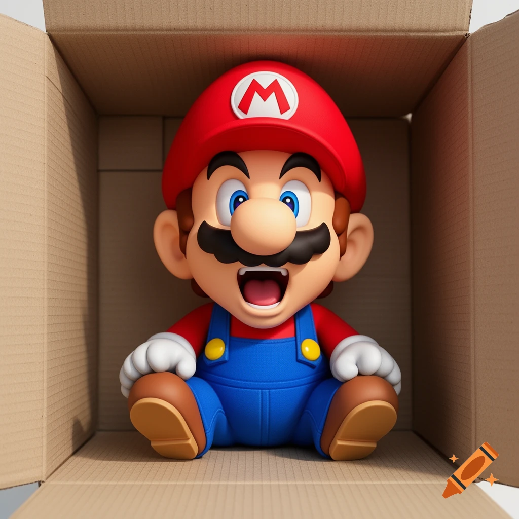 A detailed figurine of Mario, with an open mouth, sitting inside a cardboard box.