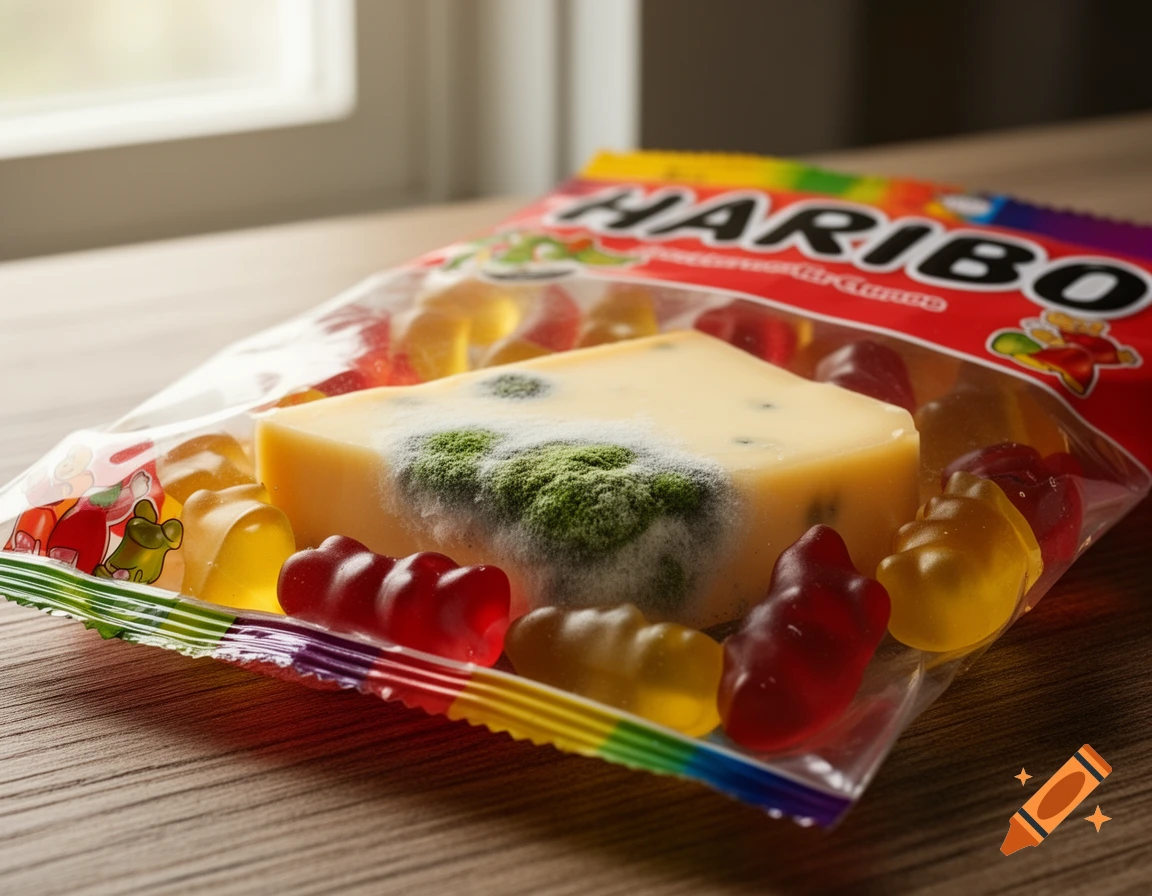 A bag of Haribo gummy bears containing a wedge of moldy cheese, sitting on a wooden surface near a window.