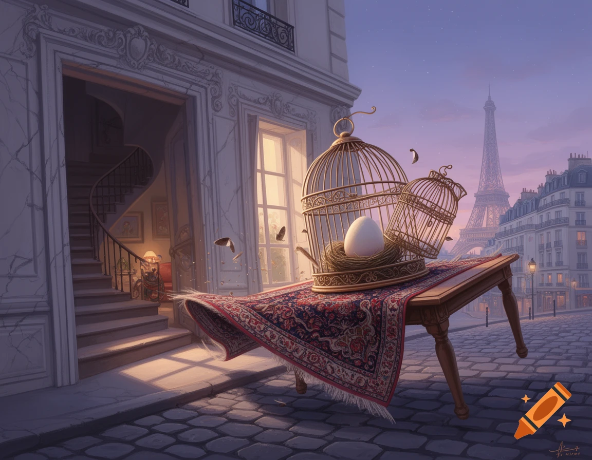 Surreal painting of a floating table with a magic carpet, birdcages, nest, and egg on a Paris street with the Eiffel Tower.