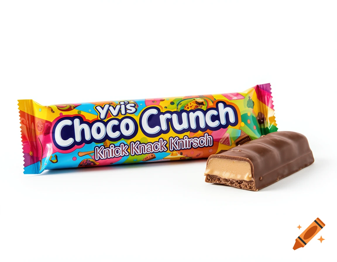 A colorful 'Yvi's Choco Crunch' chocolate bar package next to a broken chocolate bar revealing a creamy filling.