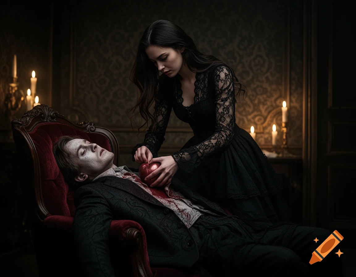 A woman in a black lace dress holds a red heart over a pale man lying in a red armchair in a candlelit gothic room.