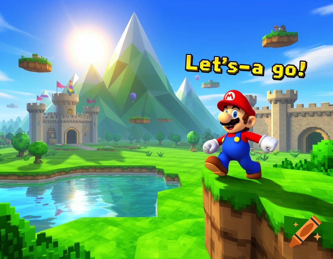 Mario running on a cliff edge in a vibrant, stylized video game world with castles, mountains, and floating islands. The text "Let's-a go!" is above him.