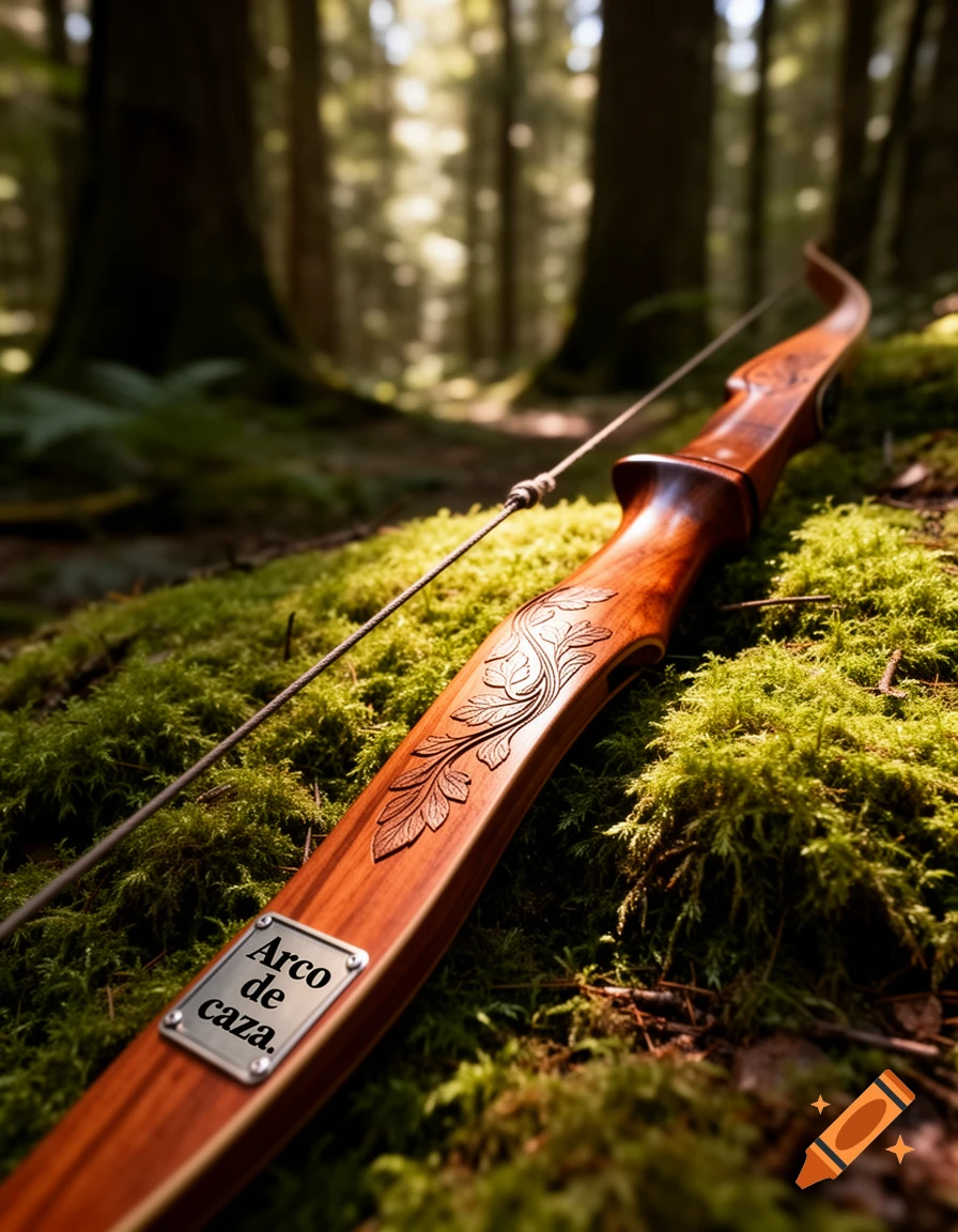 A beautifully carved wooden hunting bow rests on a mossy forest floor, with the text 'Arco de caza' on a metal plaque.