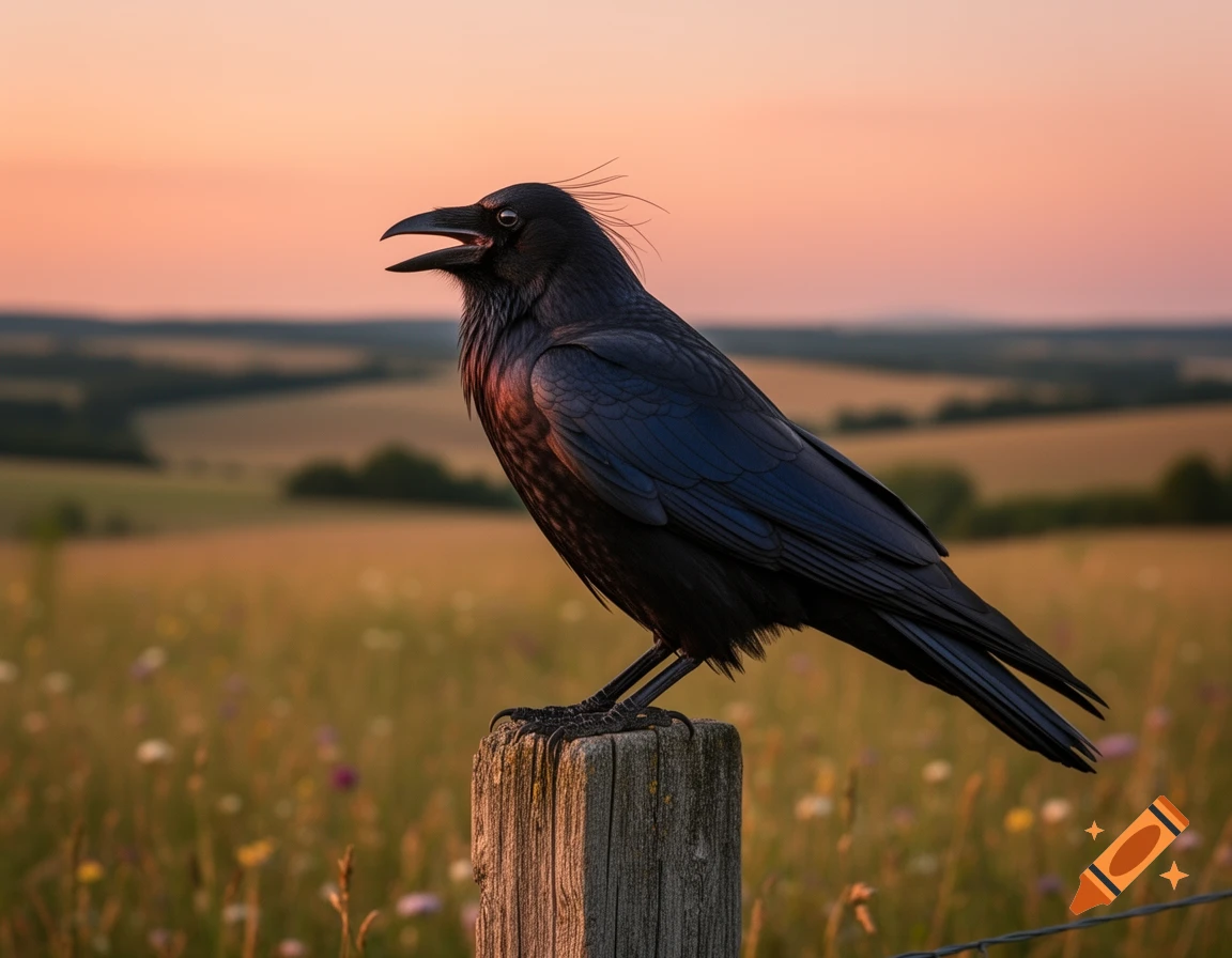 A black crow with an open beak perches on a weathered wooden post against a soft, blurred sunset landscape.