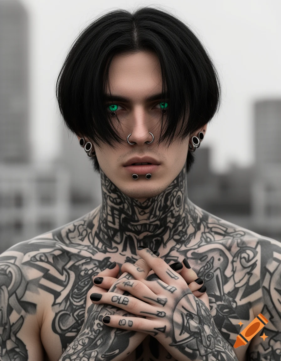 A young man with black hair, teal eyes, facial piercings, and extensive black tattoos covering his chest, arms, and neck.