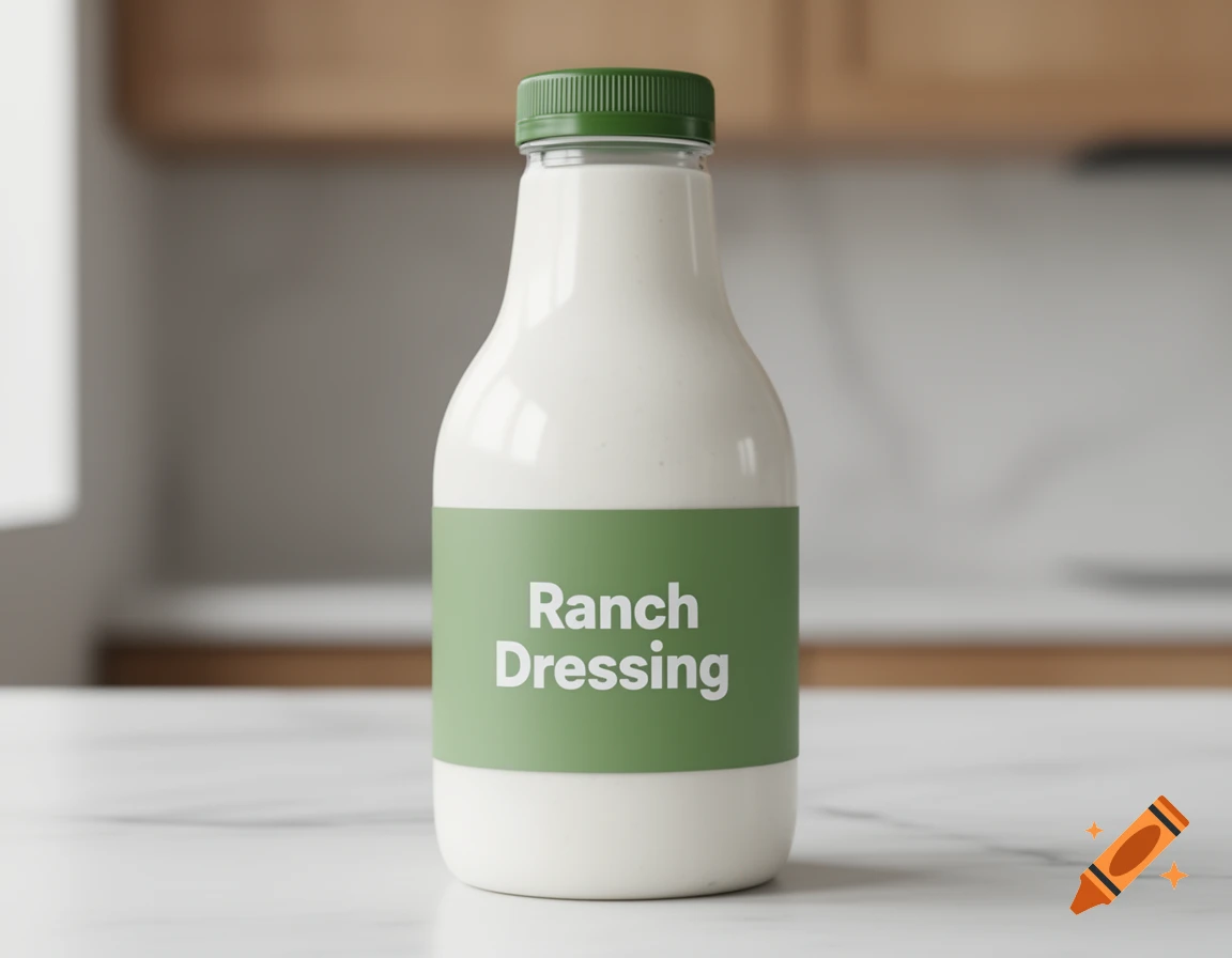 A white bottle of ranch dressing with a green label reading "Ranch Dressing" and a green cap, sitting on a marble counter in a kitchen.