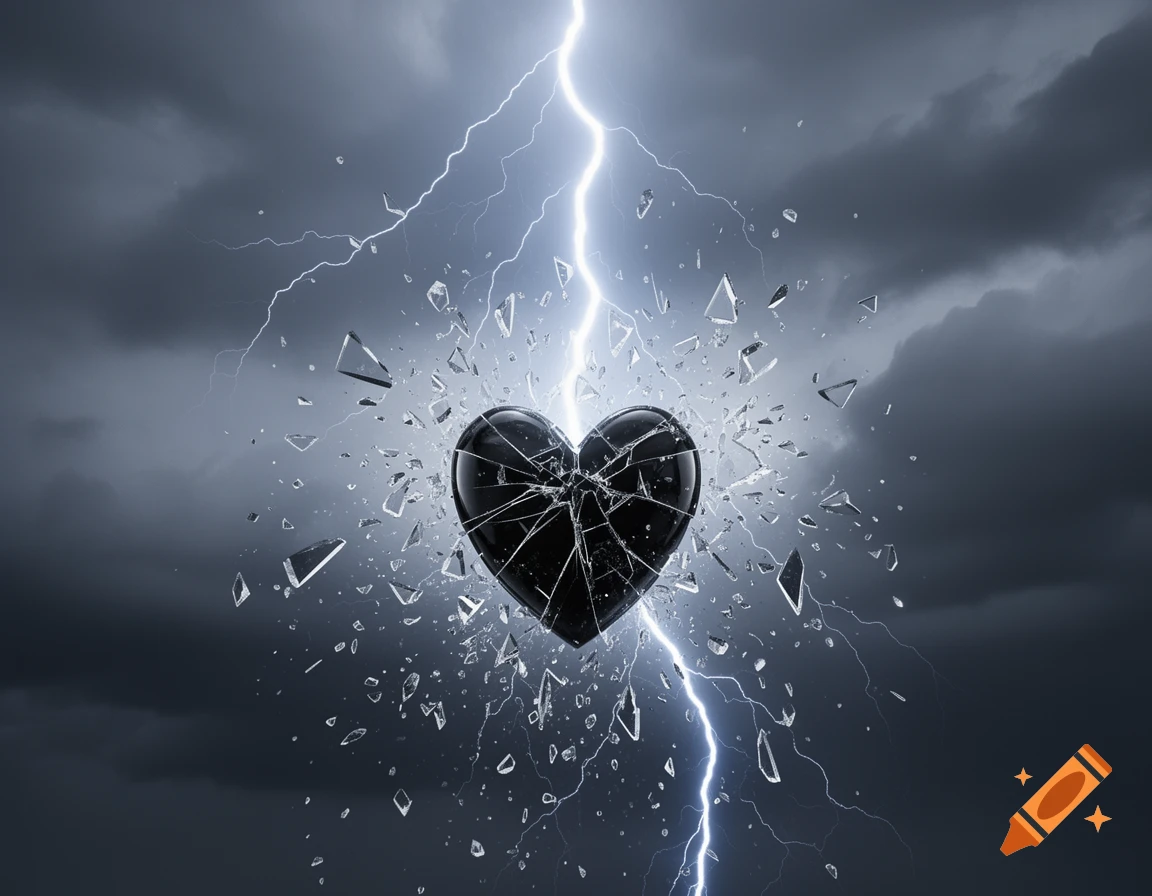 A black glass heart shatters into a thousand pieces from a bright lightning strike against a dark, cloudy sky.