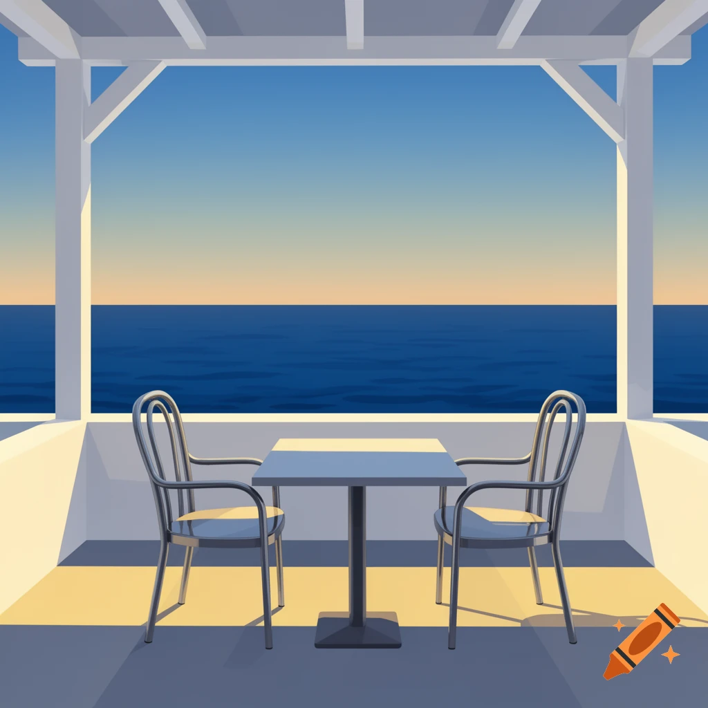Minimalist illustration of a serene veranda with a table for two overlooking a calm ocean at sunset.