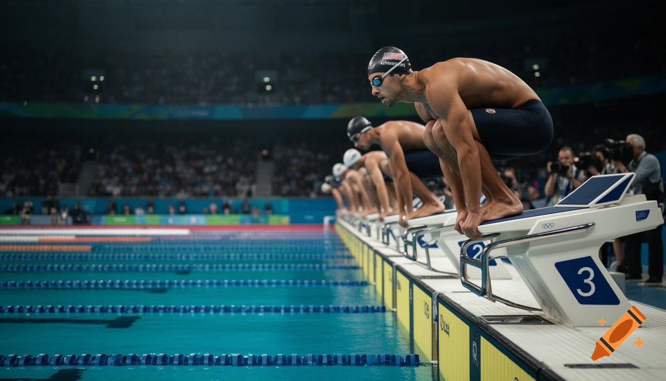 Photorealistic image of swimmers in starting position on blocks at an indoor Olympic swimming competition.