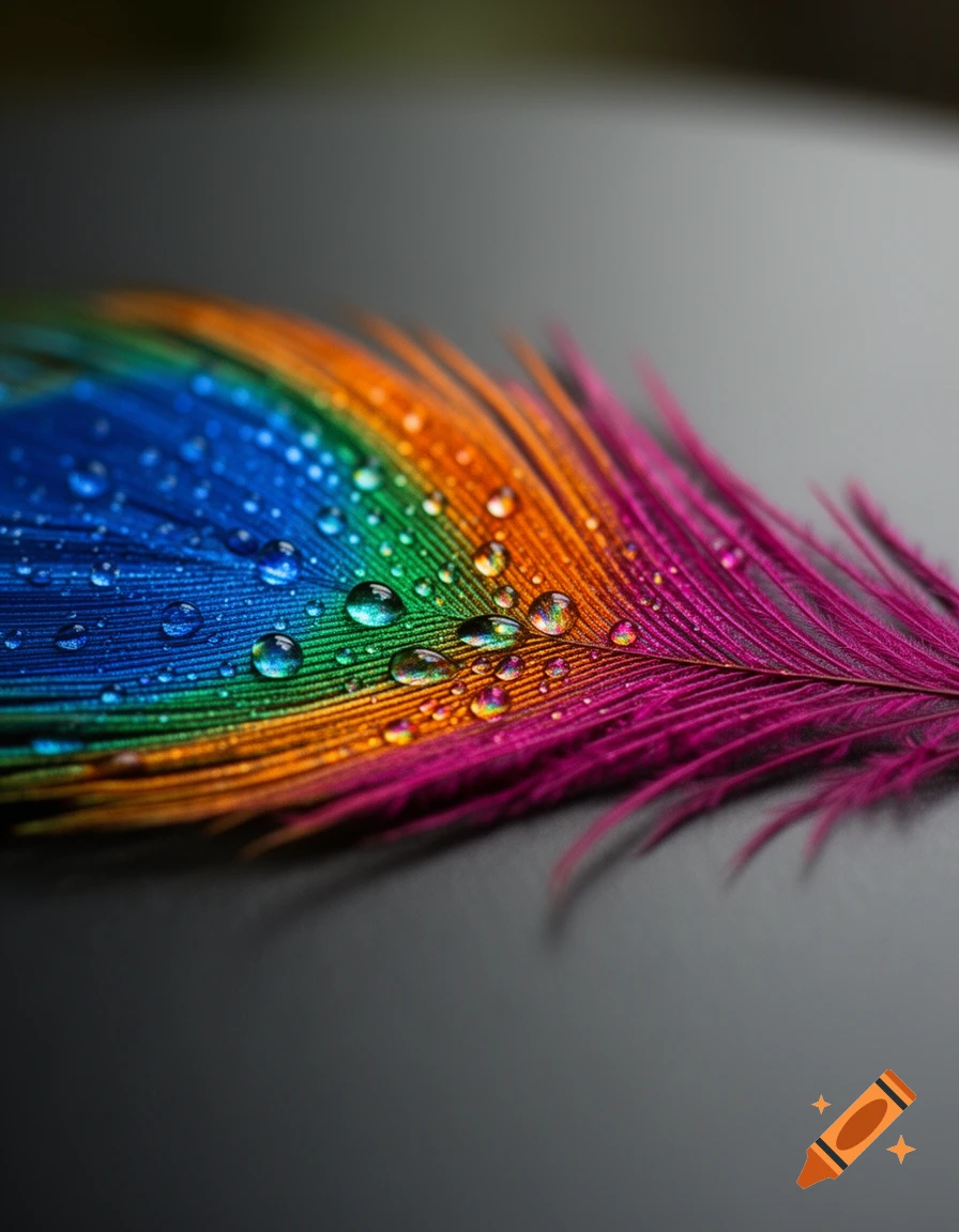 A close-up, vibrant feather with blue, green, orange, and magenta hues, covered in sparkling water droplets on a dark background.