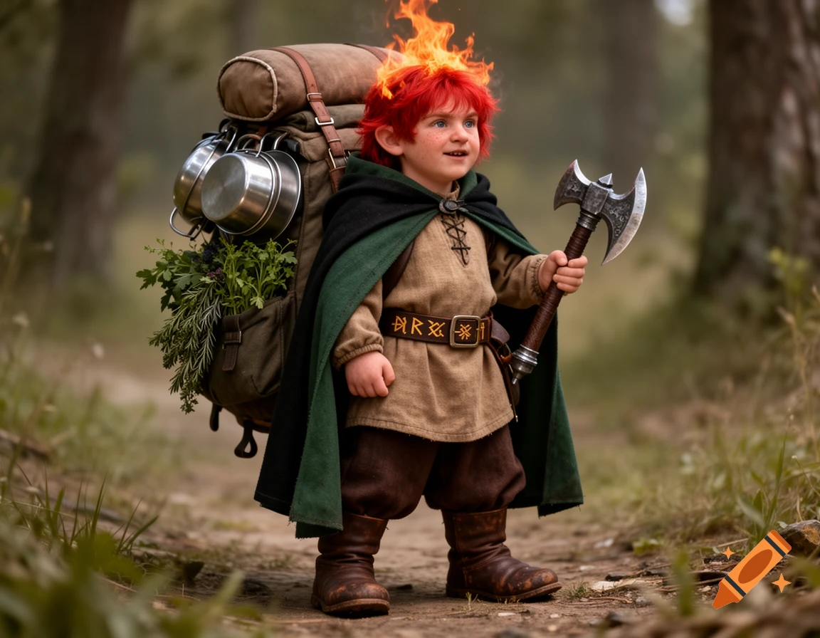 A child adventurer with fiery red hair, a green cape, an axe, and a large backpack stands on a forest path.