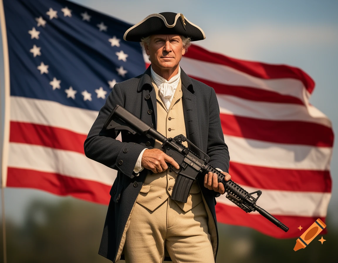 A colonial patriot in period attire holds a modern rifle in front of a Betsy Ross flag.