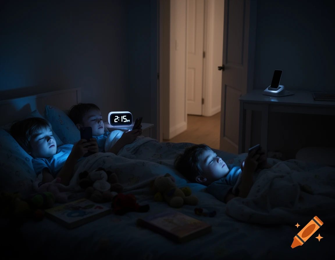 Three young children lie in a dark bedroom, lit by glowing smartphones, with an alarm clock reading 2:15 AM.
