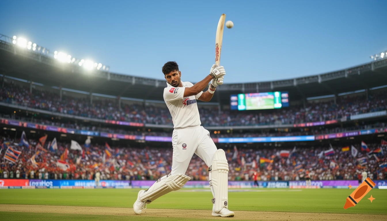 A male cricket player in white uniform hits a ball with his bat in a packed stadium under a clear sky.