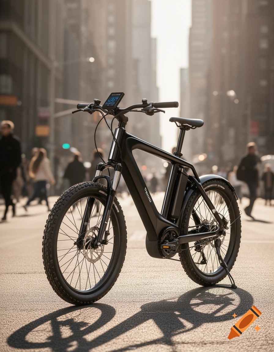 A sleek black electric bike with thick tires stands on a city street, sunlit, with blurred buildings and people in the background, in a photorealistic style.