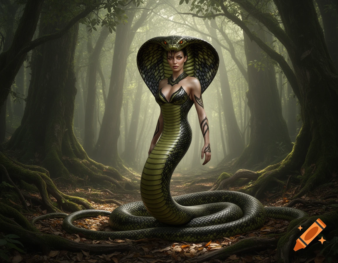 A mythical snake lamia with a cobra hood stands in a misty, ancient forest.