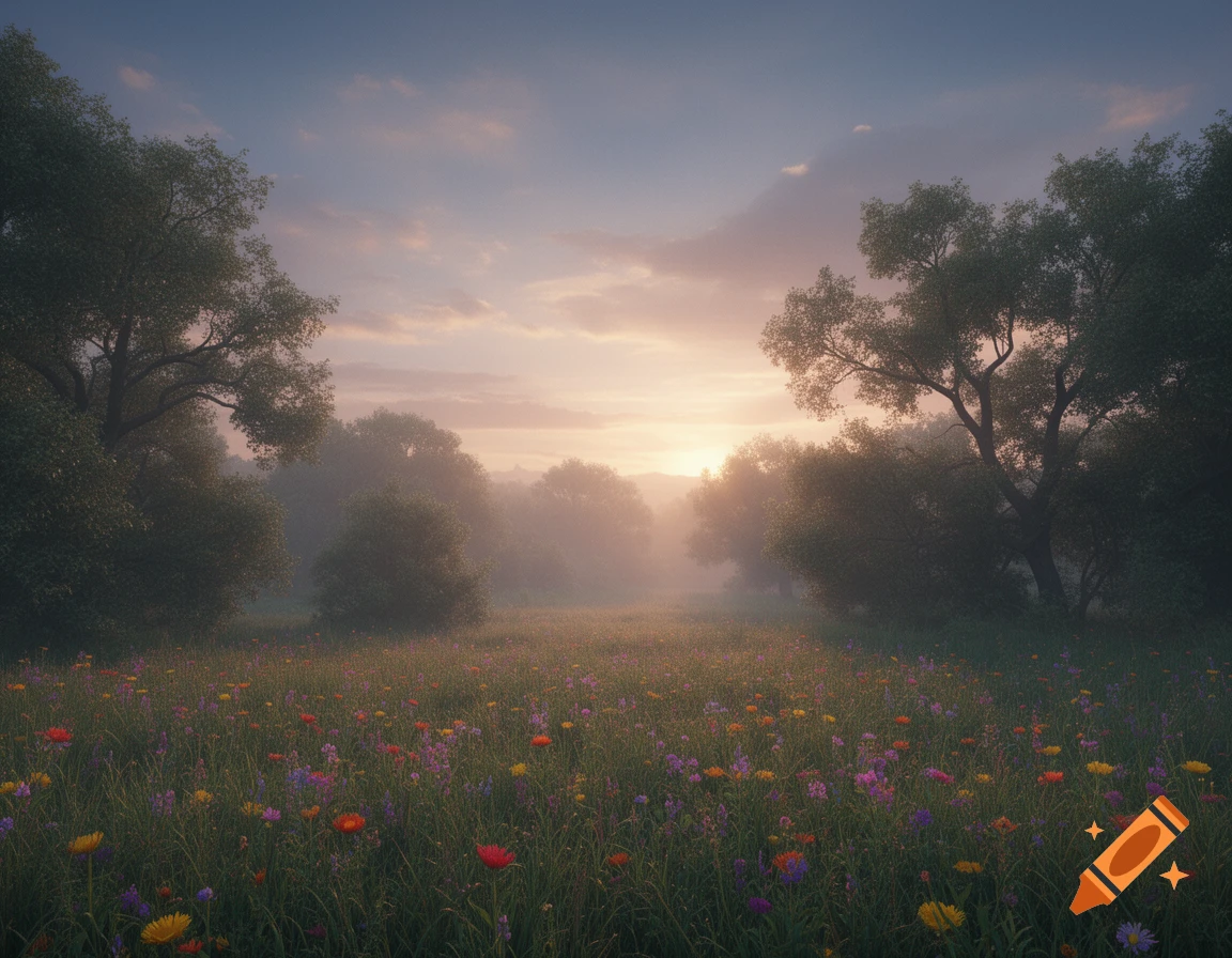 A tranquil meadow filled with colorful wildflowers and tall grass, flanked by trees, under a misty sunrise or sunset sky.