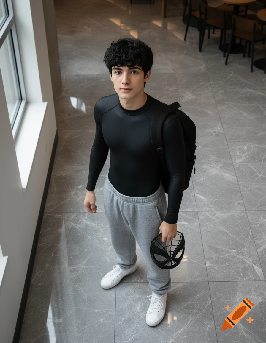 A young man with curly black hair, wearing a black Spider-Man top, grey sweatpants, and white sneakers, holds a black Spider-Man mask on a tiled floor.
