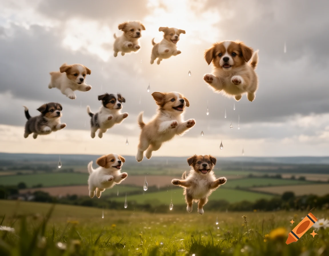 Photorealistic image of many fluffy puppies floating like raindrops over a green field under a dramatic, sunlit cloudy sky.