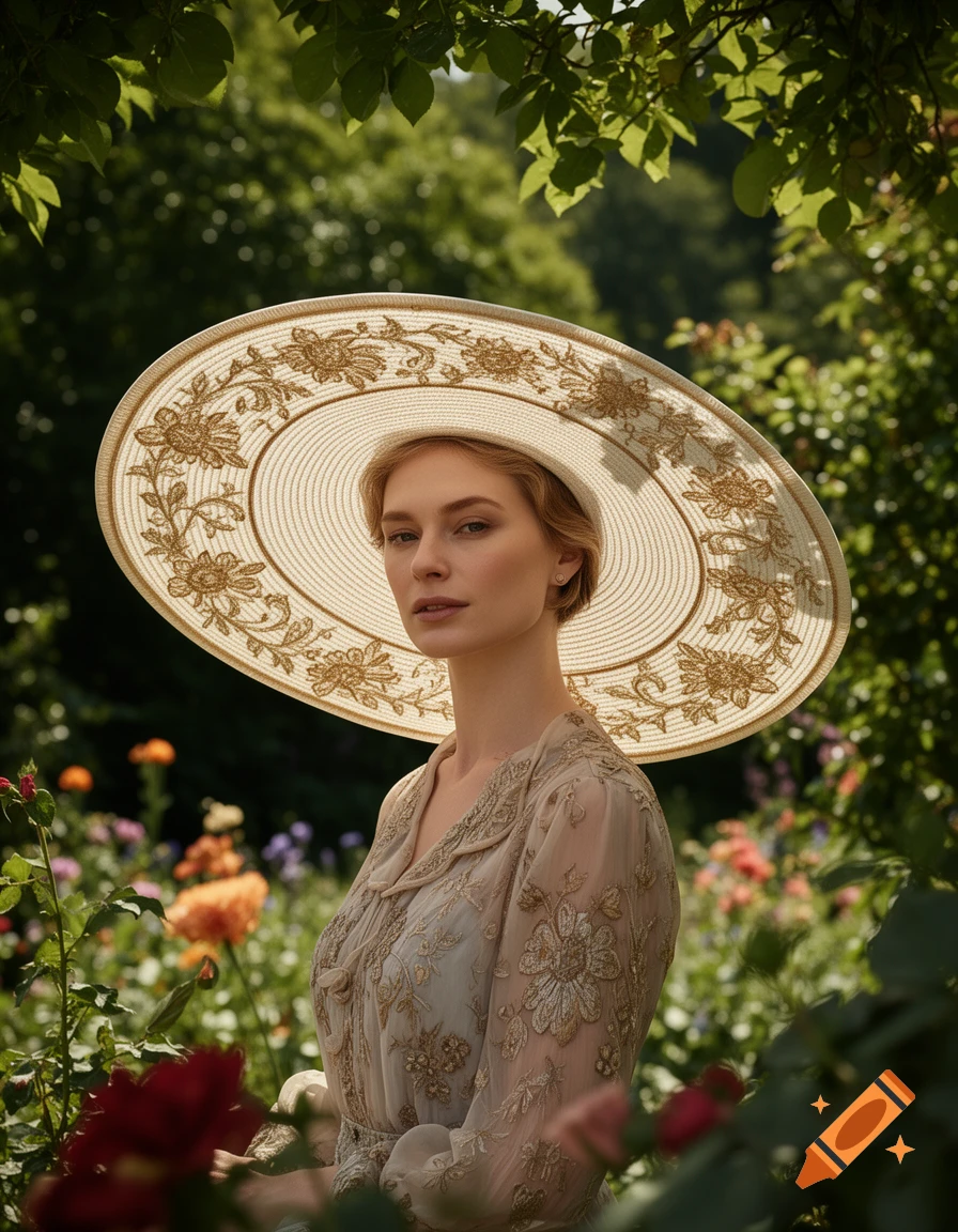 A woman in an ornate dress and a very large embroidered straw hat stands in a lush garden filled with flowers.