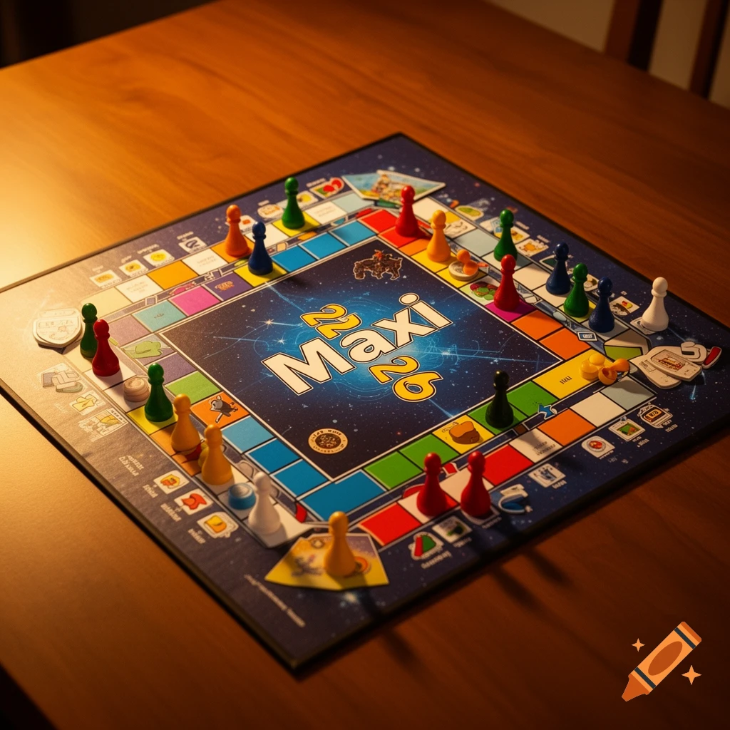 A colorful board game with pawns arranged on a wooden table, featuring "Maxi 2026" in the center of the board.