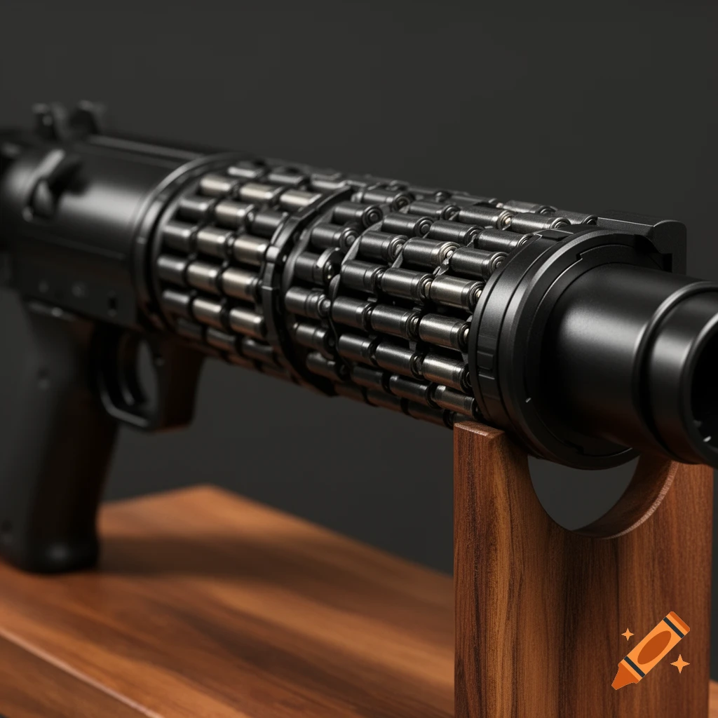 Close-up of a modern black rifle with a large drum magazine full of ammunition, resting on a wooden stand.