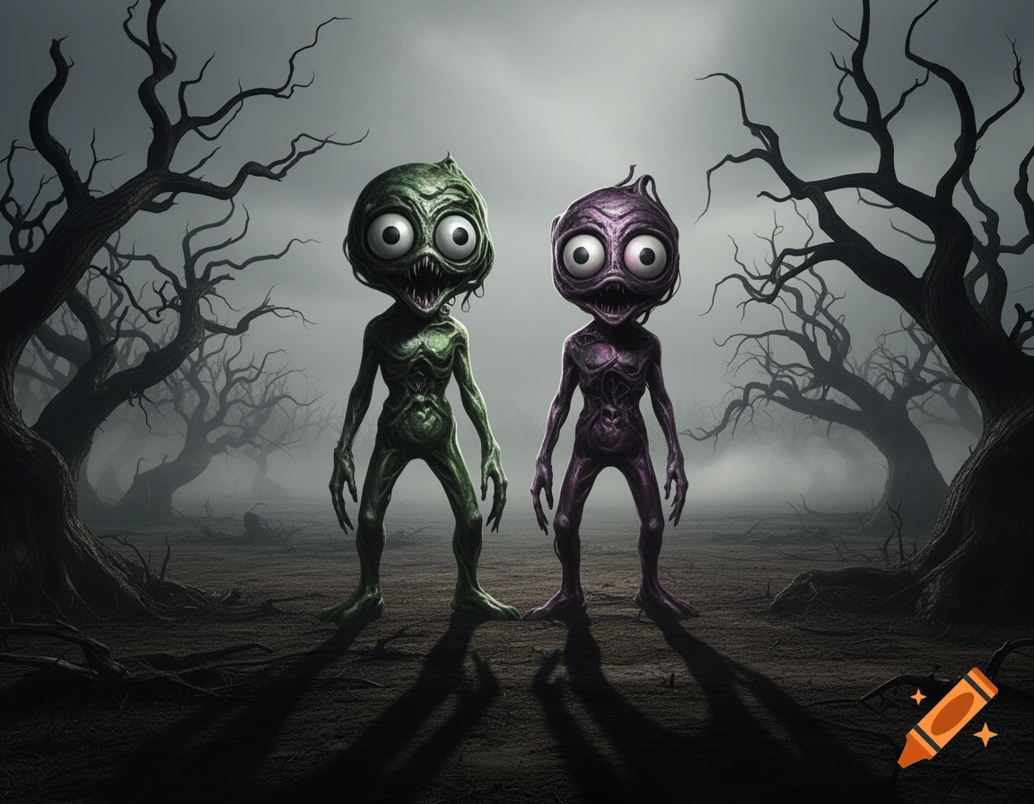 Two stylized, large-eyed monsters, one green and one purple, stand in a dark, misty forest with twisted bare trees.