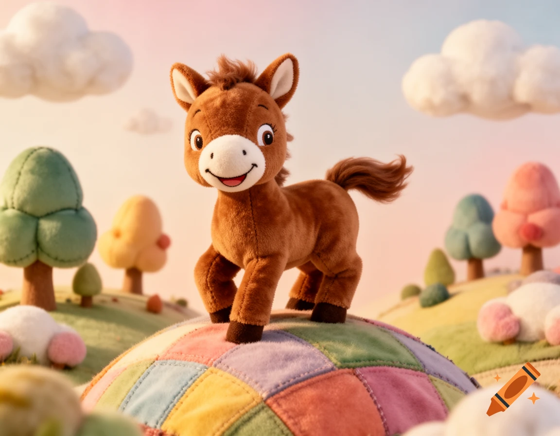 A smiling brown foal plushie stands on a colorful patchwork hill in a whimsical landscape with plushie trees and clouds.