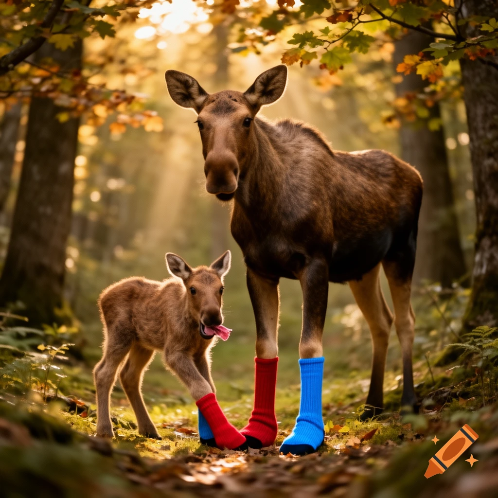 A photorealistic image of a mother moose and baby moose wearing colorful socks in a sunlit autumn forest, with the baby chewing on a sock.