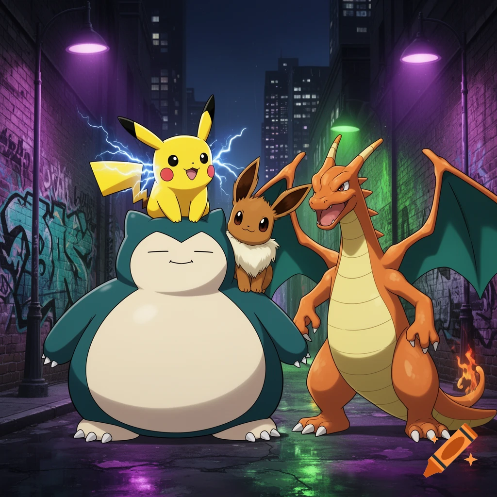 Pikachu, Eevee, Snorlax, and Charizard stand together in a neon-lit, graffiti-covered urban alleyway at night.