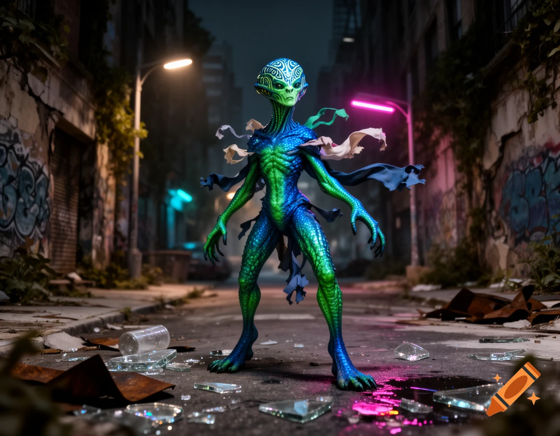 A bioluminescent blue and green alien creature stands in a dark, graffiti-covered urban alley with broken glass on the ground and glowing streetlights.