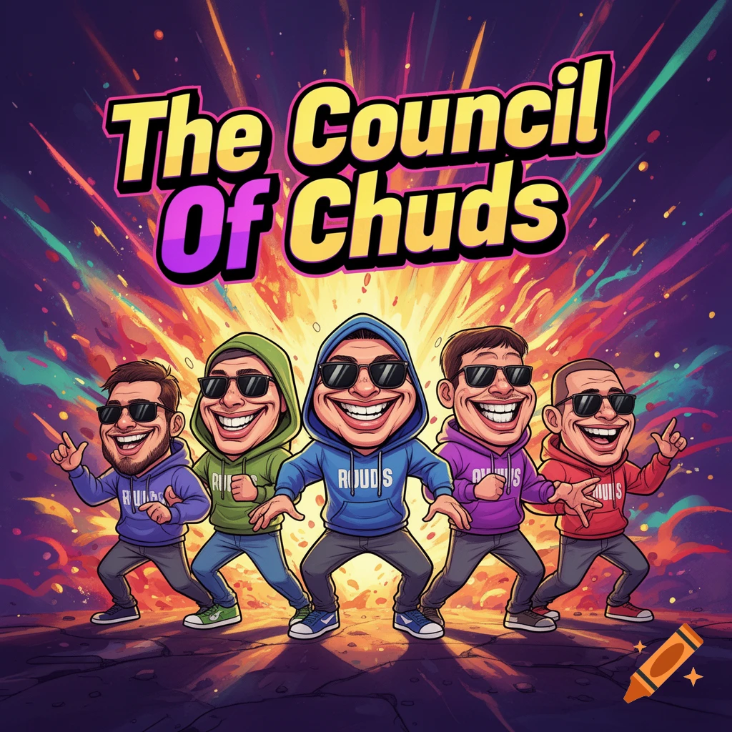 Five cartoon men with exaggerated grins, hoodies, and sunglasses pose dramatically against a vibrant, explosive background. The title "The Council Of Chuds" appears at the top.