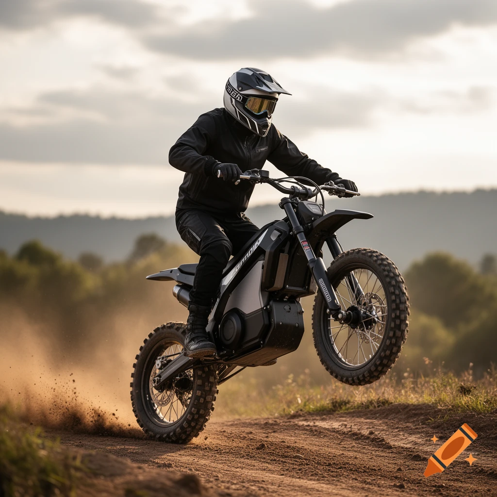 A person on an E-moto dirt bike performs a wheelie, kicking up dust on a dirt track against a blurred natural background.