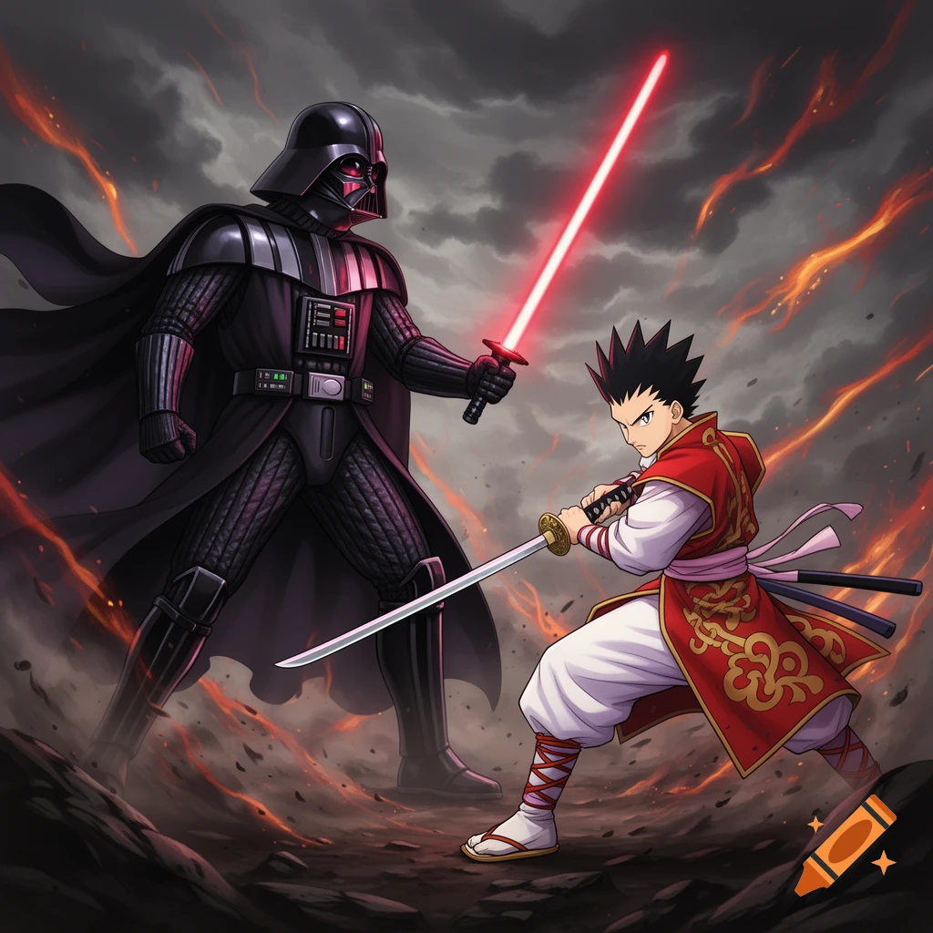 Darth Vader with a red lightsaber faces an anime-style samurai with a katana in a dynamic battle scene with fire and smoke.