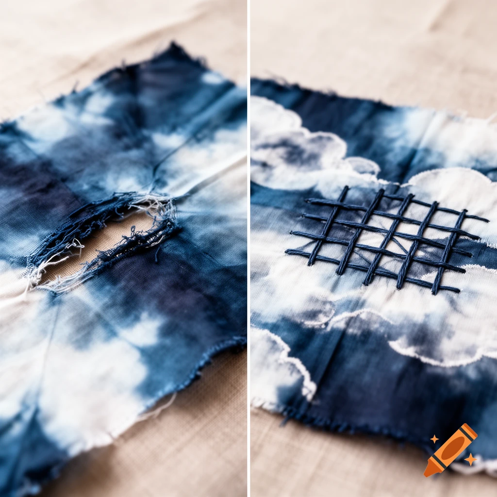Two close-up views of blue and white shibori fabric, showing a tear on the left and the tear mended with grid stitching on the right.