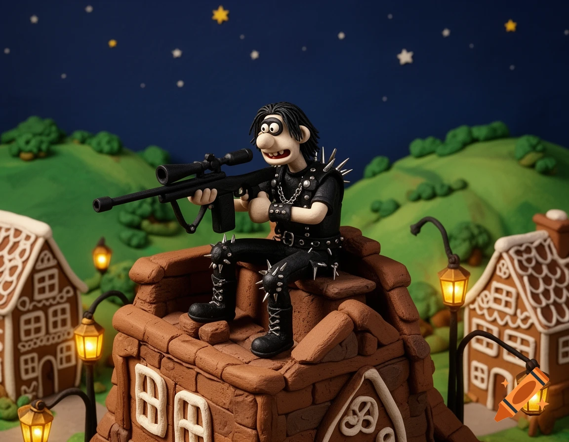 A goofy claymation black metal character in spiked attire sits on a gingerbread house roof, holding a sniper rifle under a starry night sky.