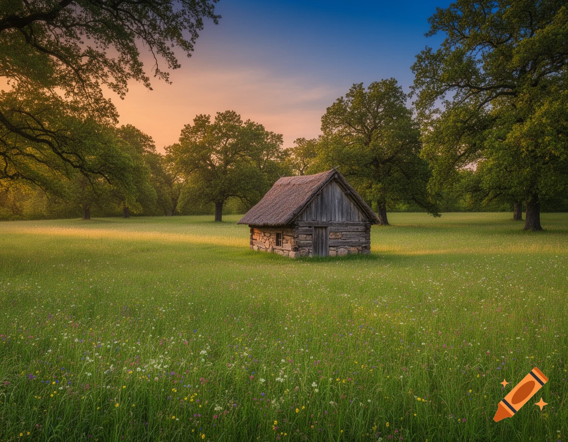 A rustic wooden hut with a thatched roof stands in a vast green meadow filled with wildflowers, framed by trees under a sunset sky.