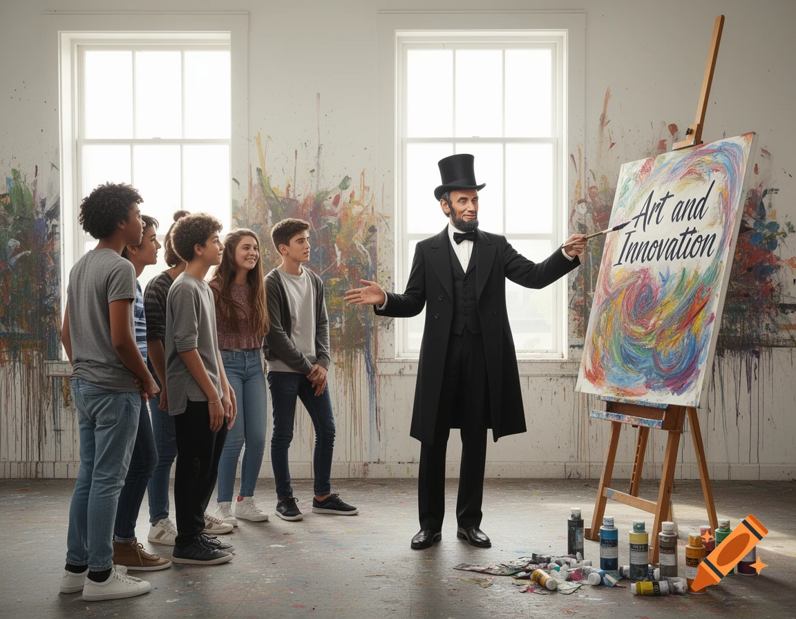 Abraham Lincoln teaches a group of teenagers in an art studio, pointing to a colorful canvas that reads 'Art and Innovation'.